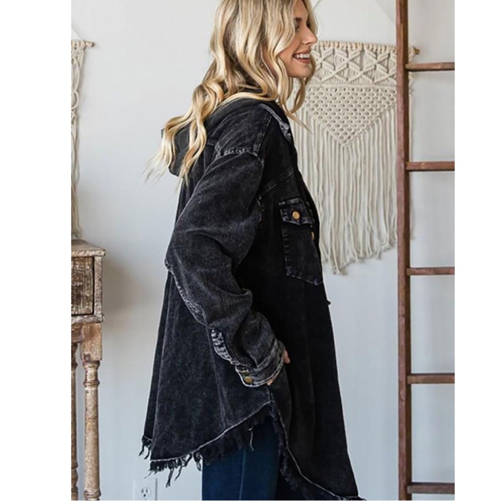Washed Black Corduroy Hooded Button Down Jacket - Picture 4 of 5